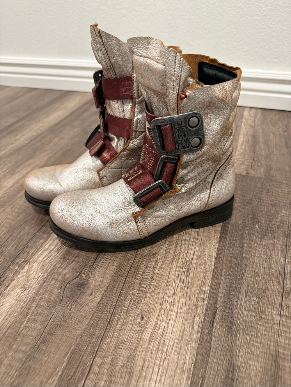 Fly London Silver Ankle Boots with Burgundy Straps